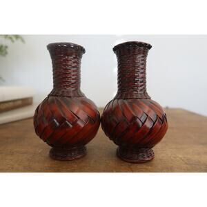 Set of Two Hand Woven Bamboo Ikebana Flower Vase w/Ceramic Insert